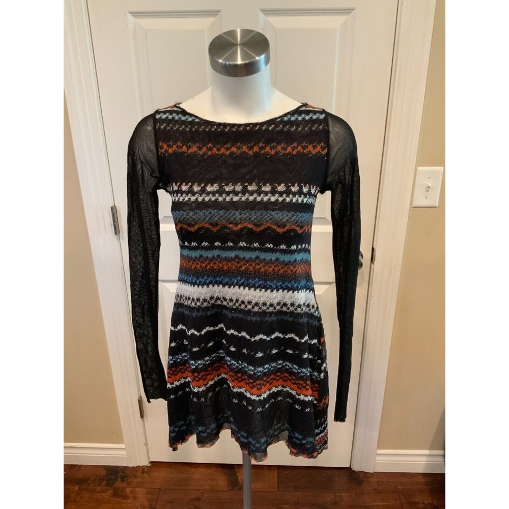 Fuzzi Black Mesh Geometric Striped Sheer Top, Size Medium